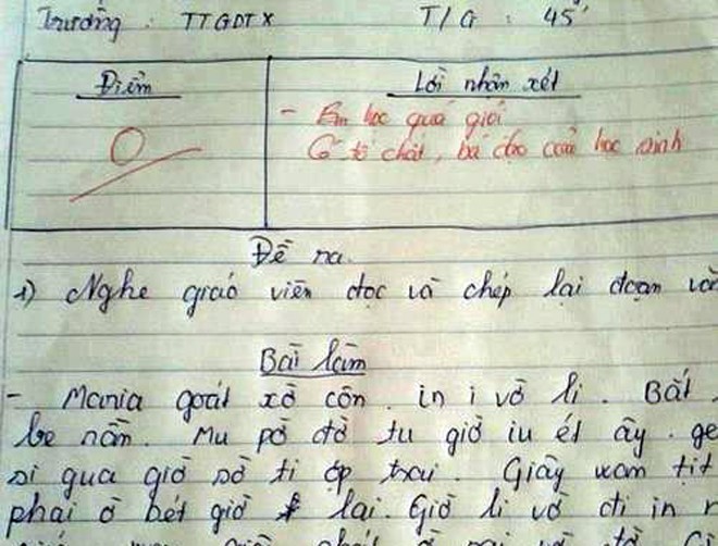 Bài kiểm tra tiếng Anh điểm 0 kèm theo lời phê khá hài hước