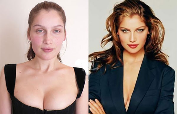 Người mẫu Laetitia Casta khác biệt hoàn toàn sau khi trang điểm và sử dụng photoshop. Gương mặt lệch, cằm tròn hình quả lê đã được che giấu hoàn toàn. Phương pháp tạo khối ở hai bên hàm và cằm giúp người đẹp có được gương mặt chữ V lý tưởng