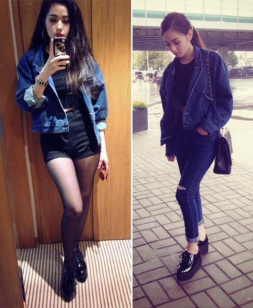 Cô nàng hot girl Hà thành này rất nhanh nhạy với các kiểu mốt hot dành cho giới trẻ. Từ áo khoác denim, quần jeans xe ngang gối đến giày bánh mì đều được Tâm tít diện theo style rất riêng