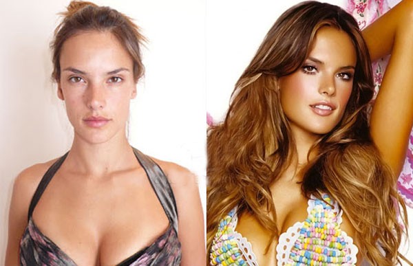 Alessandra Ambrosio vốn có gương mặt rất dài, da sạm. Khi trang điểm, sử dụng các thủ thuật tạo lớp nền và kem che khuyết điểm để che đi những hạn chế trên da. Ngoài ra, mái tóc uốn sóng nhẹ, ôm sát mặt cũng sẽ khiến gương mặt bớt dài hơn. Công nghệ photoshop cũng đóng góp khá nhiều để tạo cho