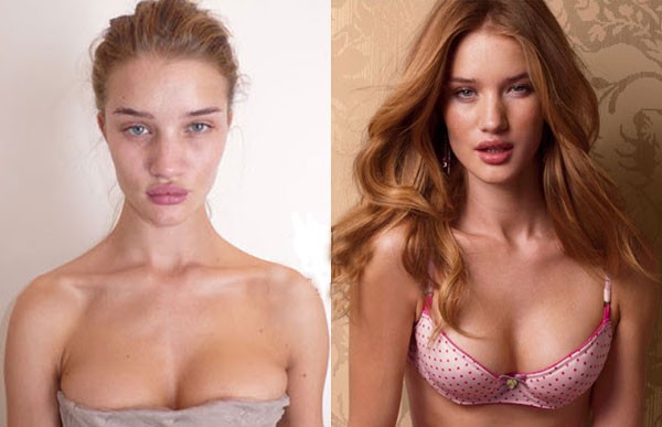 Mỹ nhân nóng bỏng của Transformers, Rosie Huntington Whiteley, dường như biến thành người khác khi không trang điểm. Làn da của Rosie vốn sạm và không đều màu nên tông trang điểm màu đồng dễ che được khuyết điểm này. Thêm vào đó, mái tóc chải chuốt kiểu cách và trang phục nóng bỏng giúp cô