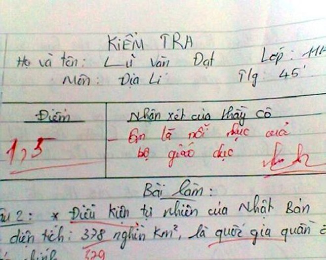 Bài kiểm tra môn Địa lý với lời phê