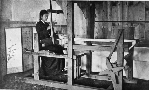 Cô gái Triều Tiên ngồi bên khung cửi dệt vải