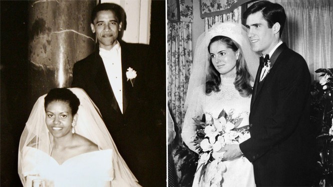 Ảnh cưới của ông Obama và bà Michelle tại Chicago năm 1992 và ảnh cưới của ông Romney và bà Ann sau khi ông Romney từ Pháp trở về