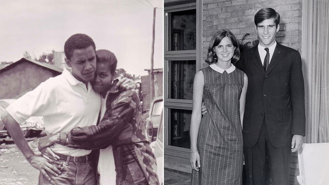 Trong ảnh, ông Obama chụp ảnh cùng cô bạn gái, tức phu nhân Michelle Robinson sau khi ông tốt nghiệp Đại học Harvard. Bên phải là ảnh ông Romney cùng cô bạn gái, tức phu nhân Ann Davies chụp ảnh tại một trường học