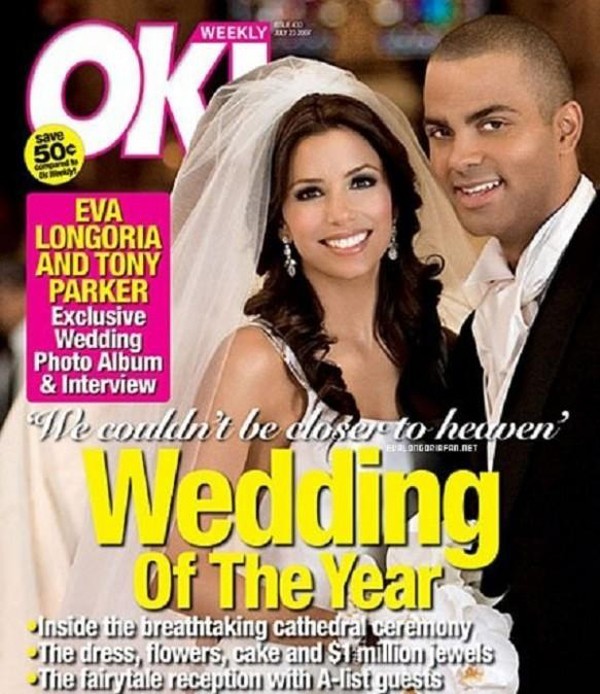 3. Eva Longoria và Tony Parker, OK! Magazine, Tháng 7 năm 2007 – 2 triệu USD
Là một trong những nữ diễn viên nóng bỏng nhất thế giới, Eva Longoria đã khiến cánh mày râu buồn lòng khi quyết định tiến đến hôn nhân với vận động viên bóng rổ Tony Parker vào tháng 7 năm 2007. Tạp chí OK! khi ấy đã chứng tỏ mình là người nhanh nhạy nhất với việc bỏ ra 2 triệu USD để đăng tải bức ảnh trên đây