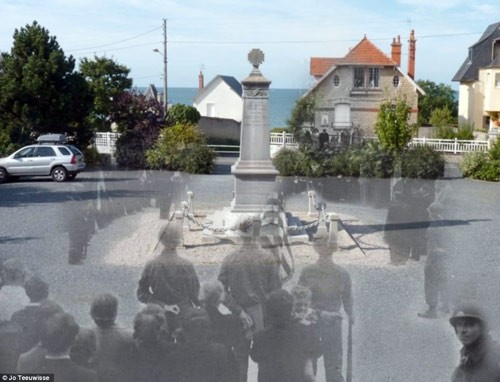 Các binh sĩ chào mừng ngày Bastille Day ở Normandy Pháp trong bức ảnh gốc và địa điểm đó ở hiện tại