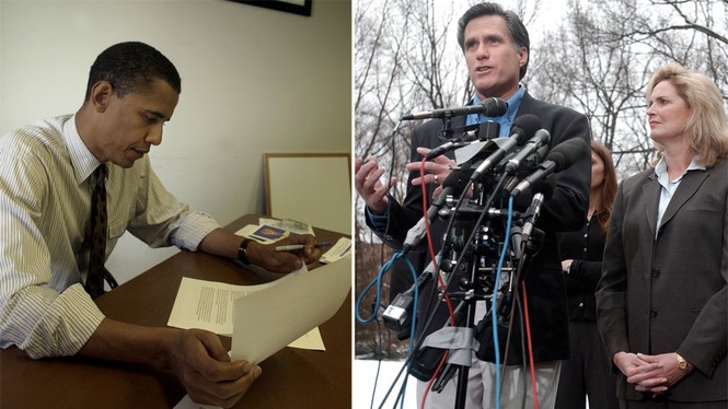 Ảnh chụp ông Obama vào năm 2004, khi ông là tân thượng nghị sĩ. Bên phải là ảnh ông Mitt Romney cùng phu nhân Ann chụp năm 2002. Đây cũng là thời điểm ông Mitt Romney chuẩn bị cho cuộc đua thống đốc bang Massachusetts và ông đã giành chiến thắng