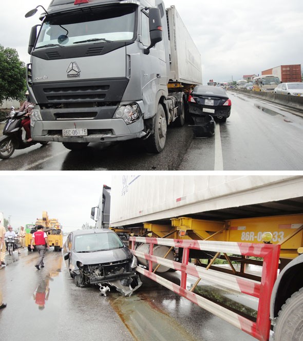 Xe con rơi bánh sau cú va chạm kinh hoàng với xe container - ảnh 1