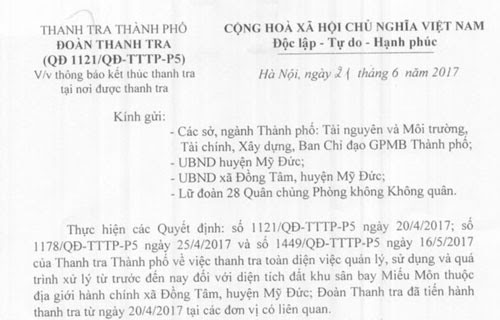 Hà Nội thông báo kết thúc thanh tra Đồng Tâm - ảnh 1