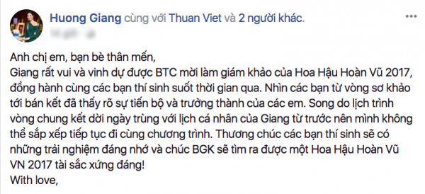 Vì sao Hoa hậu Hương Giang rút khỏi vị trí giám khảo HHHV Việt Nam 2017 - ảnh 1