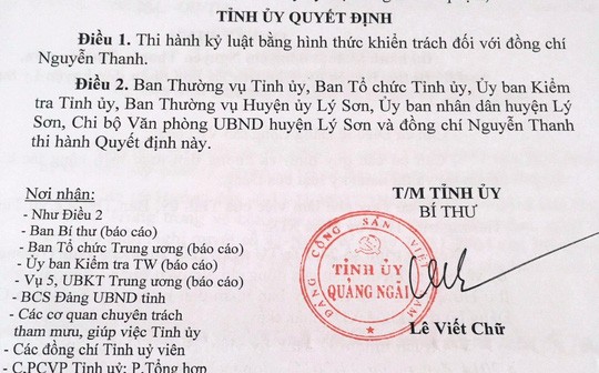 Kỷ luật chủ tịch UBND huyện Lý Sơn - ảnh 1