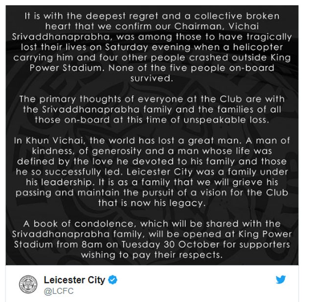 CHÍNH THỨC: Leicester xác nhận Chủ tịch tử vong sau tai nạn máy bay - ảnh 1