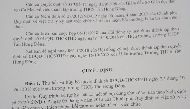 Thu hồi quyết định buộc thôi việc cô giáo không chịu làm nhân viên - ảnh 1