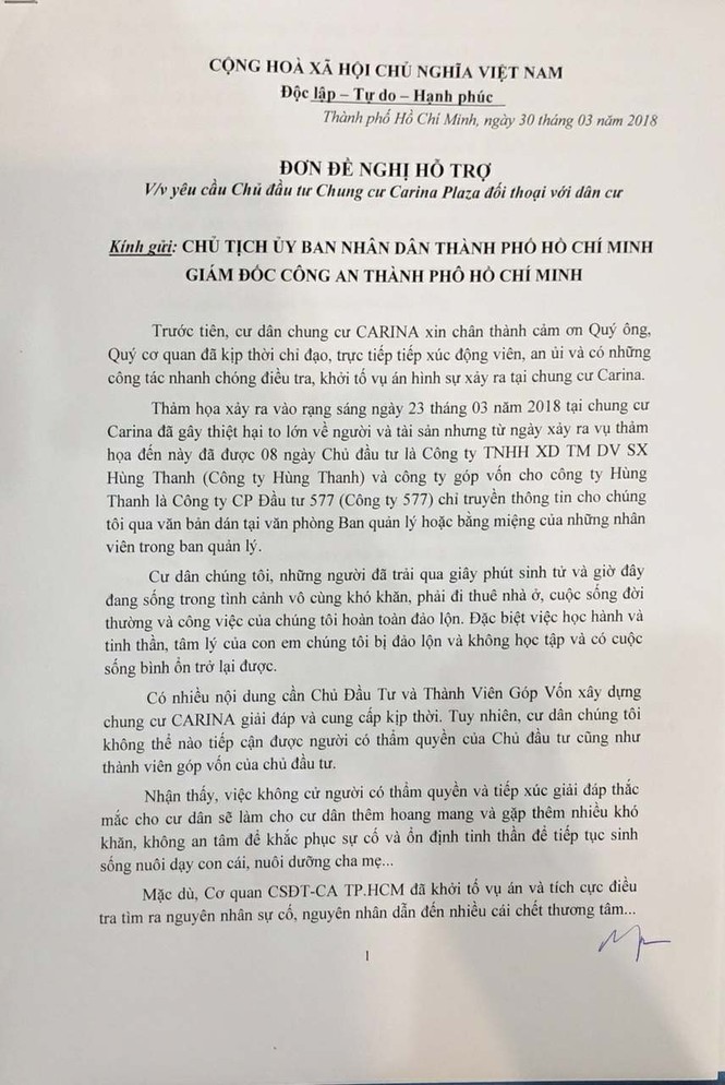 Cư dân chung cư Carina viết đơn 'cầu cứu' Chủ tịch UBND TP.HCM - ảnh 1