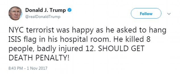 Tổng thống Trump: Nghi phạm khủng bố New York nên bị tử hình - ảnh 1