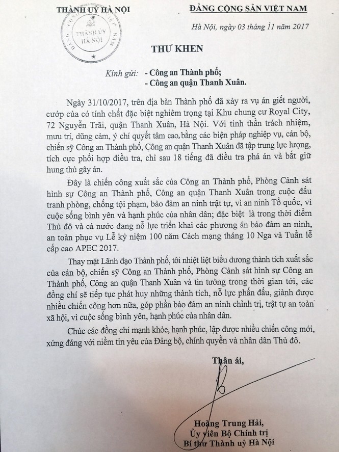Bí thư Thành ủy gửi thư khen cảnh sát phá vụ'“nam sinh giết người tình' - ảnh 2
