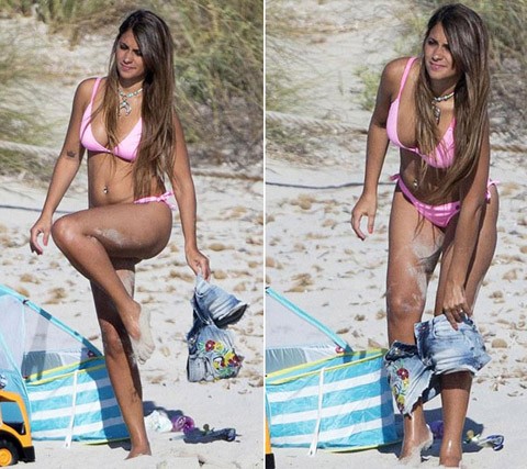Bạn gái Messi khoe đường cong với bikini màu 'hường' - ảnh 1