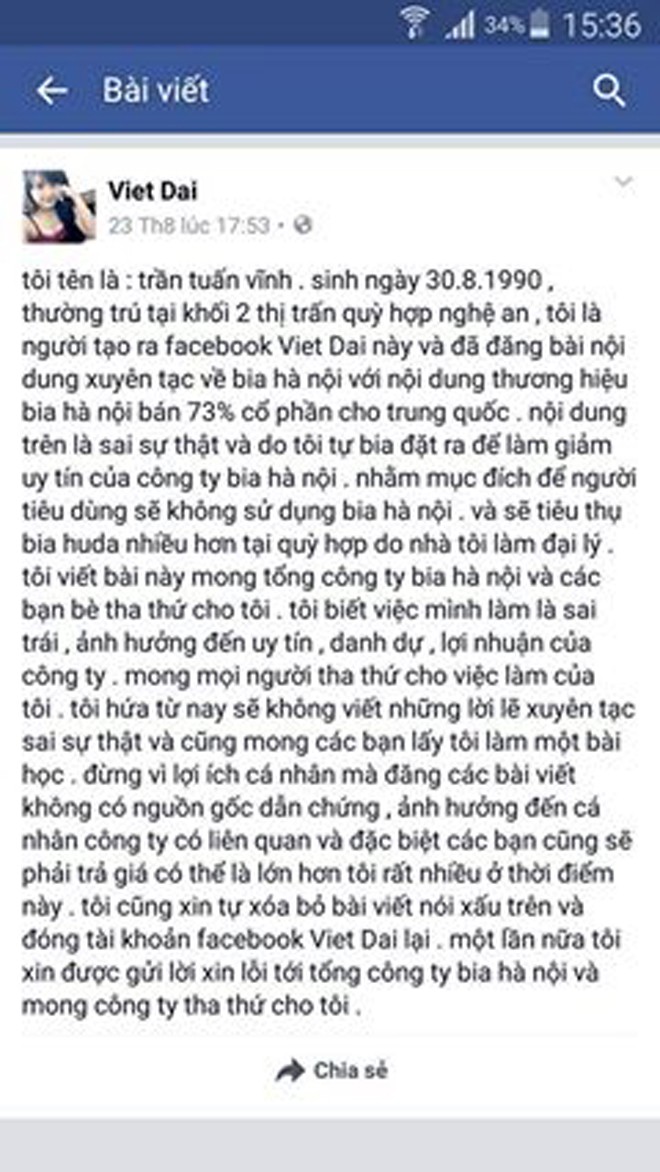 Nam thanh niên 'nói xấu' bia Hà Nội trên Facebook bị phạt hơn 12 triệu đồng - ảnh 1