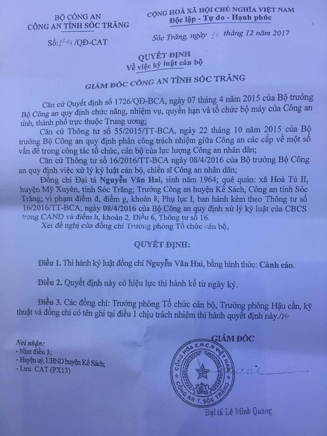 Kỷ luật cảnh cáo một đại tá công an ở Sóc Trăng - ảnh 1