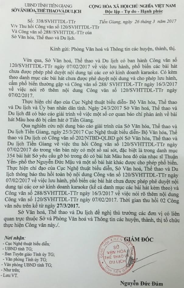 Tiền Giang thu hồi khẩn cấp công văn cấm 'Màu hoa đỏ' - ảnh 1