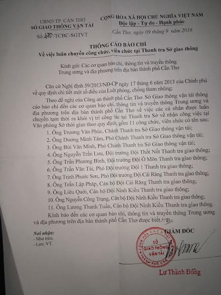 11 cán bộ Thanh tra giao thông bị luân chuyển công tác - ảnh 1