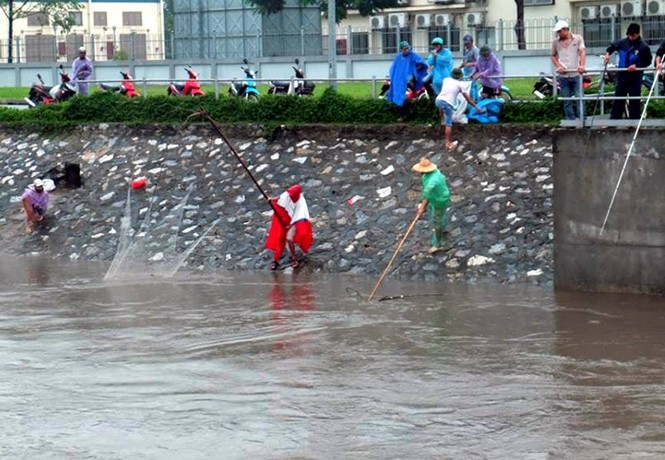 Người dân Hà Nội đổ xô bắt cá trên sông sau mưa lớn - ảnh 1