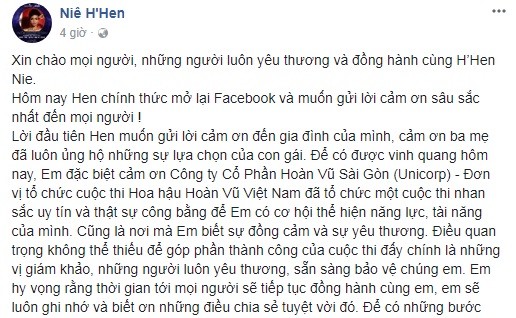 Hoa hậu H'Hen Niê mở lại facebook - ảnh 1