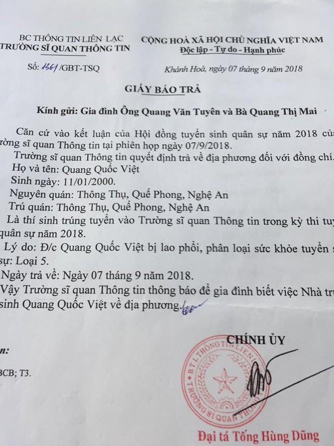 Vụ nam sinh bị trường Sỹ quan Thông tin trả về: Cần câu trả lời thỏa đáng - ảnh 2