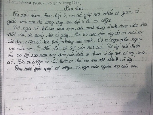 'Chết cười' với bài văn tả cô giáo 'mắt long lanh như hột vải, da trắng như tờ g - ảnh 1