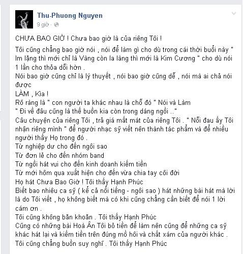 Thu Phương và Tuấn Hưng “choảng” nhau trên facebook - ảnh 1
