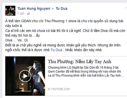 Thu Phương và Tuấn Hưng “choảng” nhau trên facebook - ảnh 2
