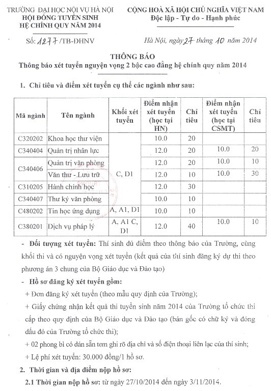 ĐH Nội vụ xét tuyển NV2 hệ cao đẳng - ảnh 1