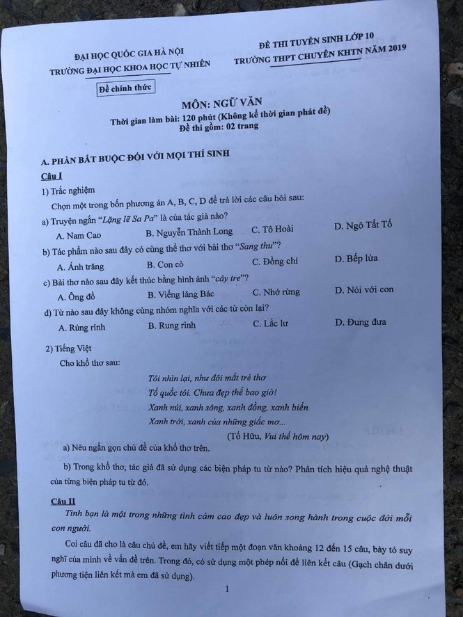 Hướng dẫn giải đề thi vào lớp 10 môn Văn trường THPT chuyên KHTN 2019 - ảnh 1