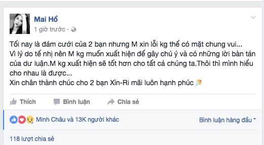 Mai Hồ bất ngờ không đến dự đám cưới Trấn Thành vào phút chót - ảnh 1