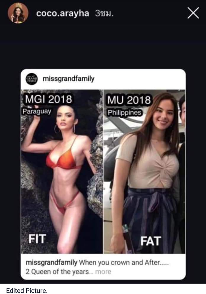 Thí sinh Hoa hậu Thái Lan bị 'ném đá' vì chê bai thân hình Hoa hậu Catriona Gray - ảnh 1