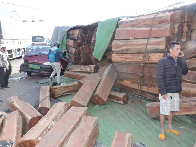 Xe container chở đầy gỗ đè bẹp xe bán tải trên đường - ảnh 4