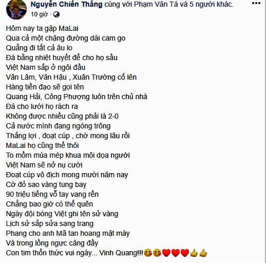 Chiến Thắng gây bão vì bài thơ cổ vũ tuyển Việt Nam đấu chung kết - ảnh 1