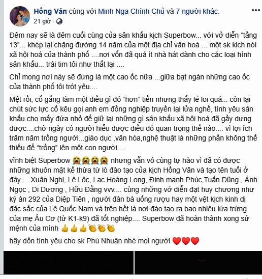 Nghệ sĩ Việt xúc động chia sẻ khi sân khấu kịch của NSND Hồng Vân phải đóng cửa - ảnh 1