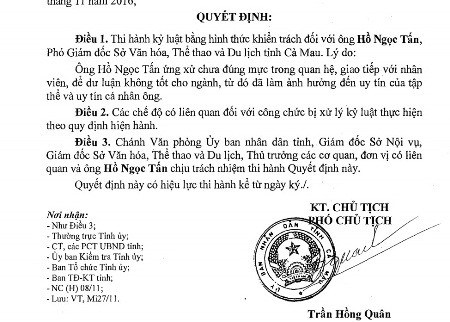Khiển trách Phó Giám đốc Sở quàng tay vào đùi nữ tạp vụ - ảnh 1
