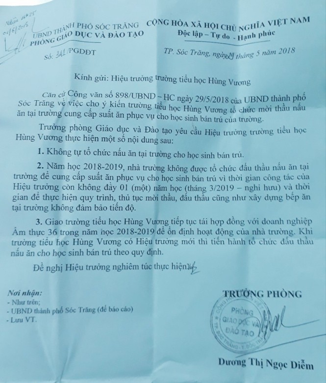 Ép trường ký suất ăn: Phòng GD&ĐT mời hiệu trưởng lên làm việc - ảnh 1