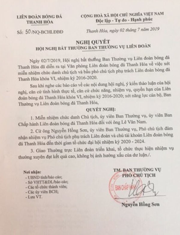 Miễn nhiệm Chủ tịch Liên đoàn Bóng đá Thanh Hóa - ảnh 1