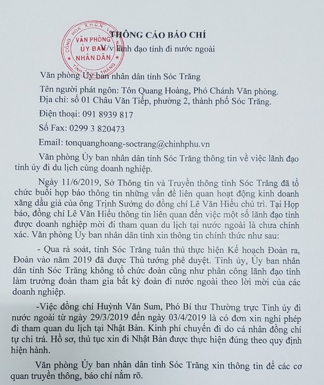 Có hay không việc lãnh đạo tỉnh Sóc Trăng đi nước ngoài do Trịnh Sướng đài thọ? - ảnh 1