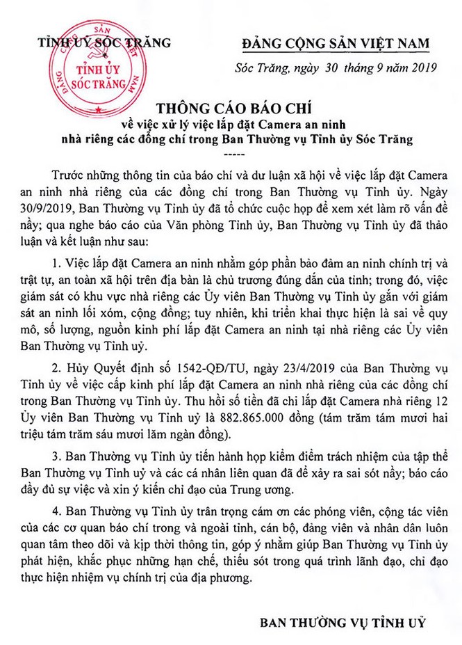 Sóc Trăng thu hồi quyết định lắp camera cho Ban Thường vu Tỉnh uỷ - ảnh 1