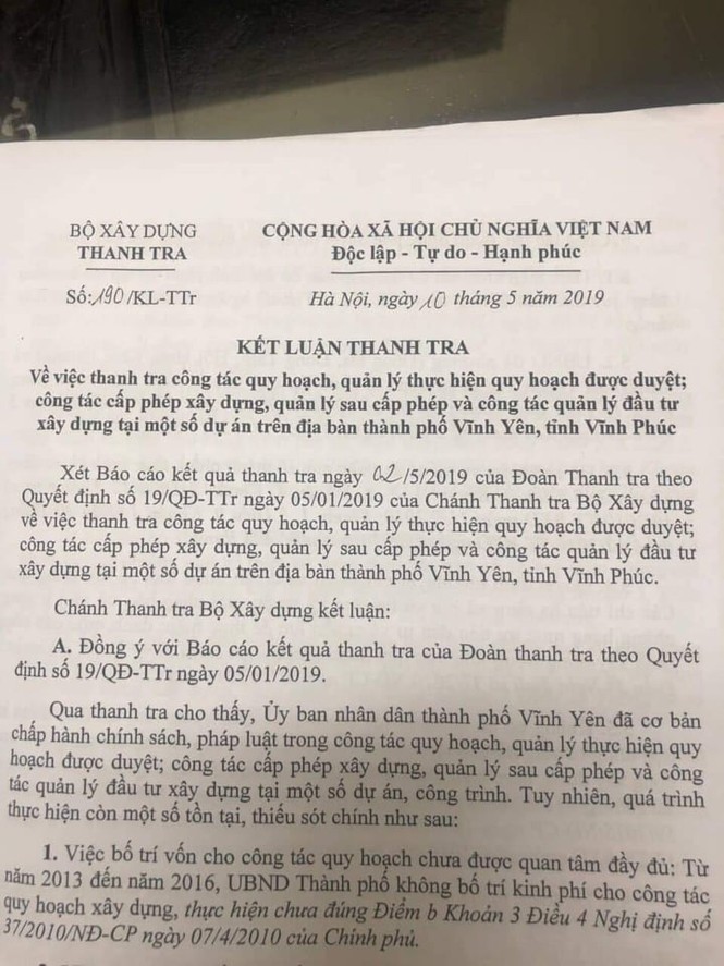 Thanh tra Bộ Xây dựng kết luận sai phạm gì ở TP Vĩnh Yên? - ảnh 1