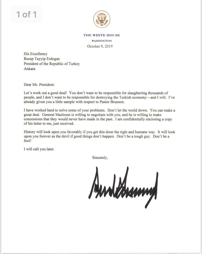 Ông Trump viết thư nhắc Tổng thống Thổ Nhĩ Kỳ 'đừng ngốc nghếch' - ảnh 1