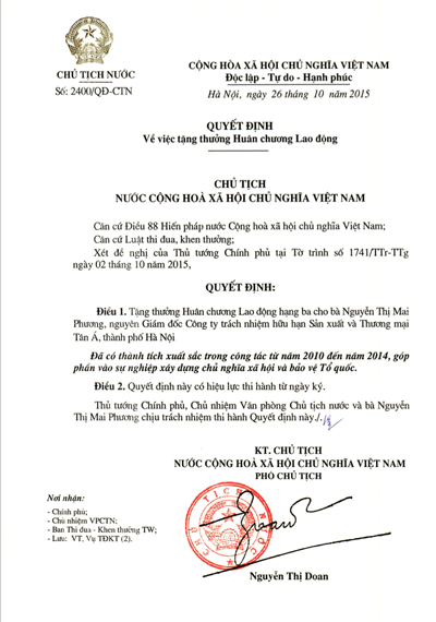 Chủ tịch Tập đoàn Tân Á Đại Thành nhận Huân chương Lao động hạng Ba - ảnh 1