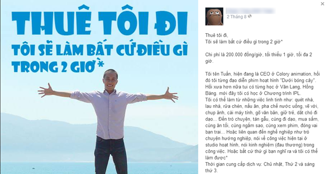 Chàng trai Việt rao tin cho thuê thân giá 200.000 đồng/giờ - ảnh 1