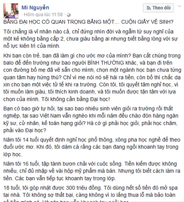 Hotgirl Biên Hòa gây bão mạng vì ví 'bằng đại học không bằng một cuộn giấy... vệ sinh' - ảnh 1