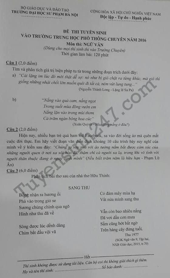 Đáp án đề thi vào lớp 10 môn Văn THPT Chuyên Sư phạm Hà Nội - ảnh 1